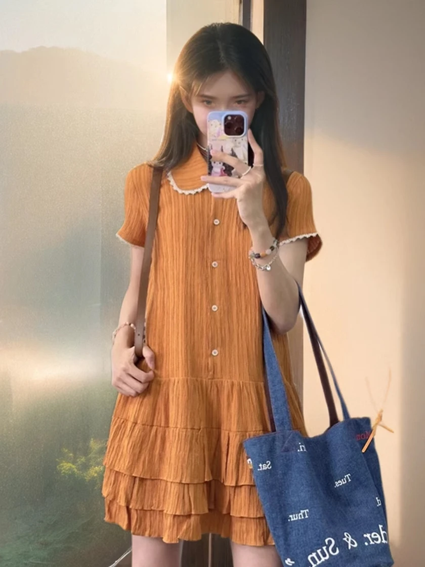 Vestido F Retro com Gola de Boneca e Saia em Camadas, Estilo Único e Doce, Cintura Alta, Manga Curta, Novo Estilo de V...