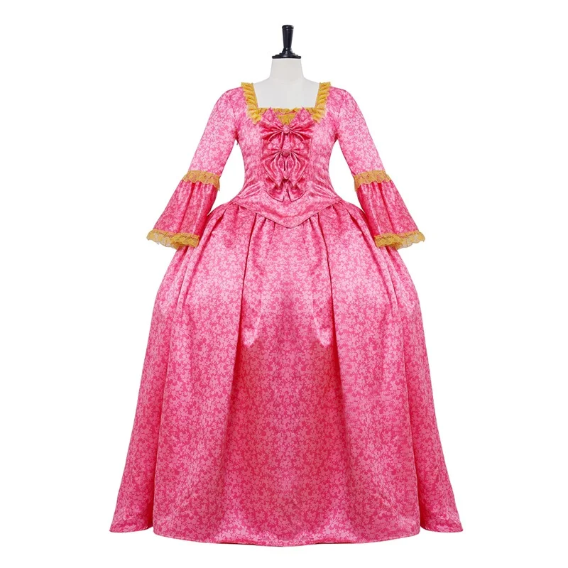 

Medieval Victorian Royal Ball Gown Vintage Gorgeous Pink Floral Rococo Dress Women Masquerade Theater Clothing