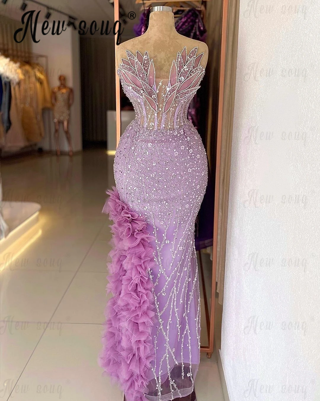 Fashion Sequins Pink Evening Dress Two Colors Purple Feather Leaf Designs Wedding Dinner Night Gowns Midi Long Cocktail Dresses