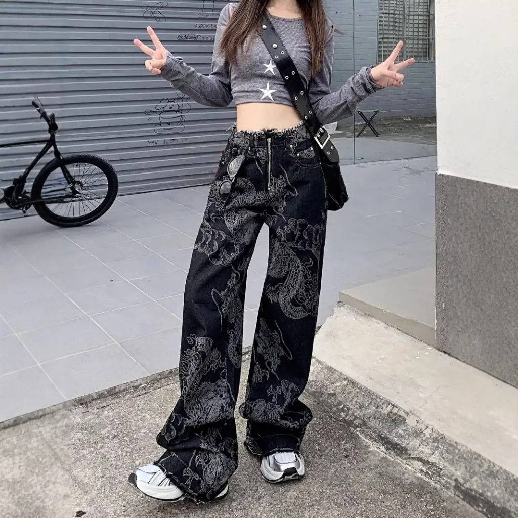 

Женские широкие джинсы с высокой талией и принтом дракона, модный потертый дизайн, свободные утягивающие брюки для мытья полов на осень-зиму