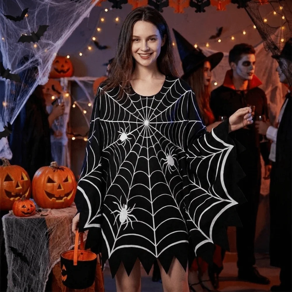 Multi-functional Scary Halloween Spider Web Cloak Creepy Black Shawl Poncho Cape Ghost Poncho Carnival Costume