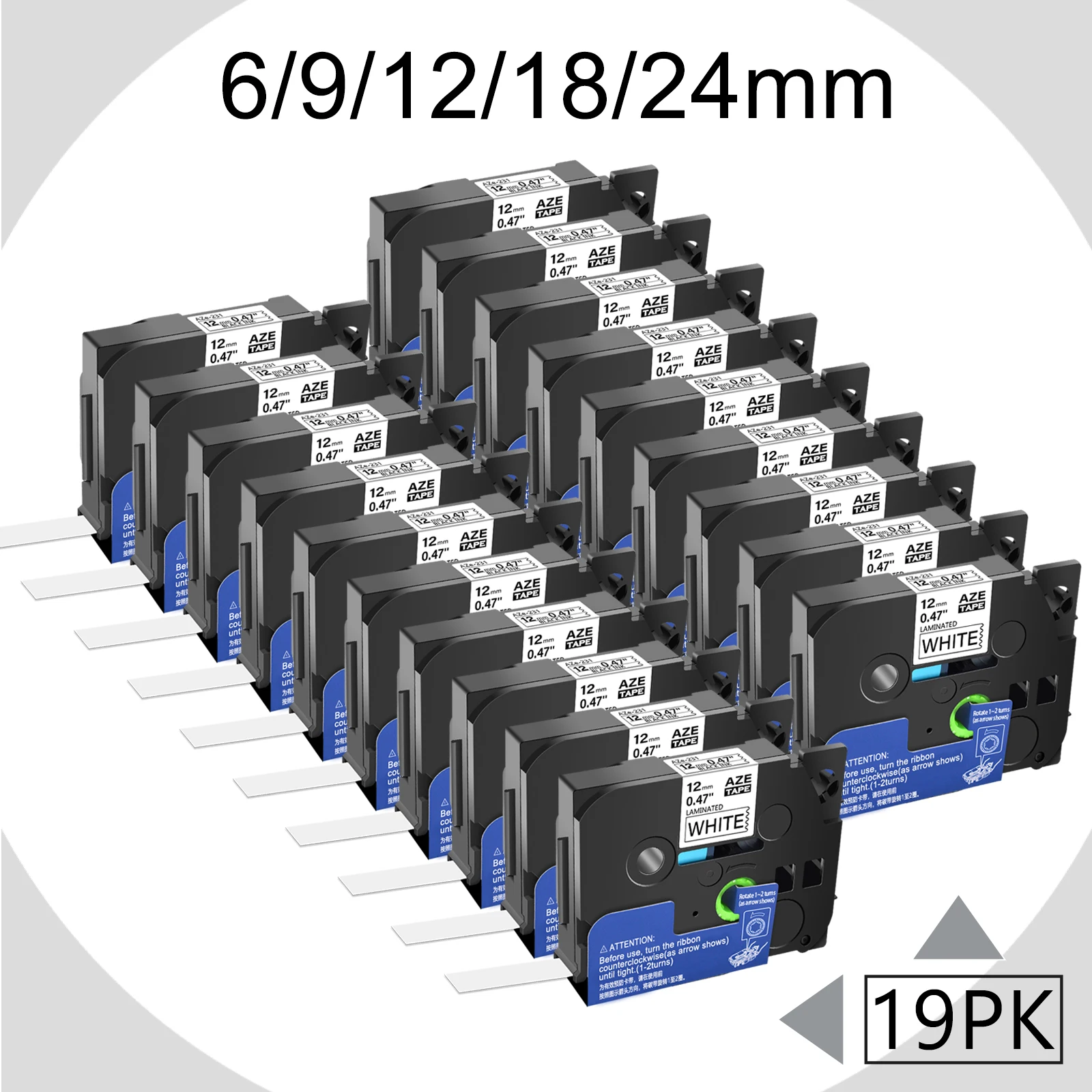 

19PK Black on White 6/9/12/18/24mm Lable Tape Compatible for Brother TZE-231 TZ641 335 Laminated Ribbons for P-Touch Label Maker