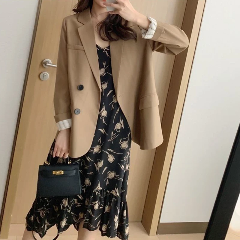 Lucyever 2022 Autumn Blazers Coats Women Korean Style Notched Single Breasted Outwear Ladies Basic Long Sleeve Office Blazer