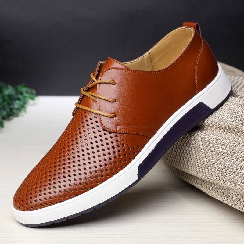 Leather Men Casual Shoes Lazy Slip on Mens Leather Shoes Quality Breathable Lace Up Man Flats British Peas Shoes Plus Size 39-48