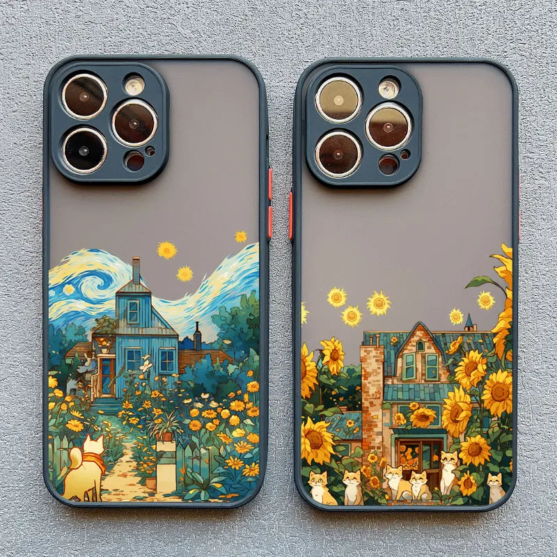 

Oil Painting Sunflowers Cat Art Aesthetic Phone Case For iPhone 15 14 13 12 11 Pro Max Mini 16 14 Plus X XR XS Shockproof Covers