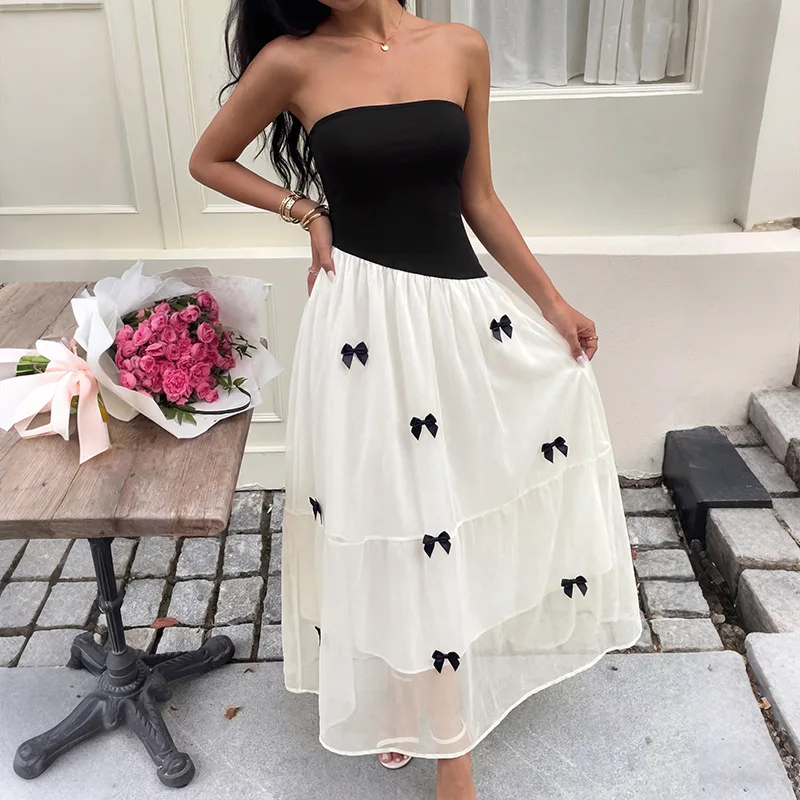 

2026 Summer New Sweet and Spicy Style Strapless Dress with Black and White Contrasting Splicing Waist Cinching Bow Tie Dress