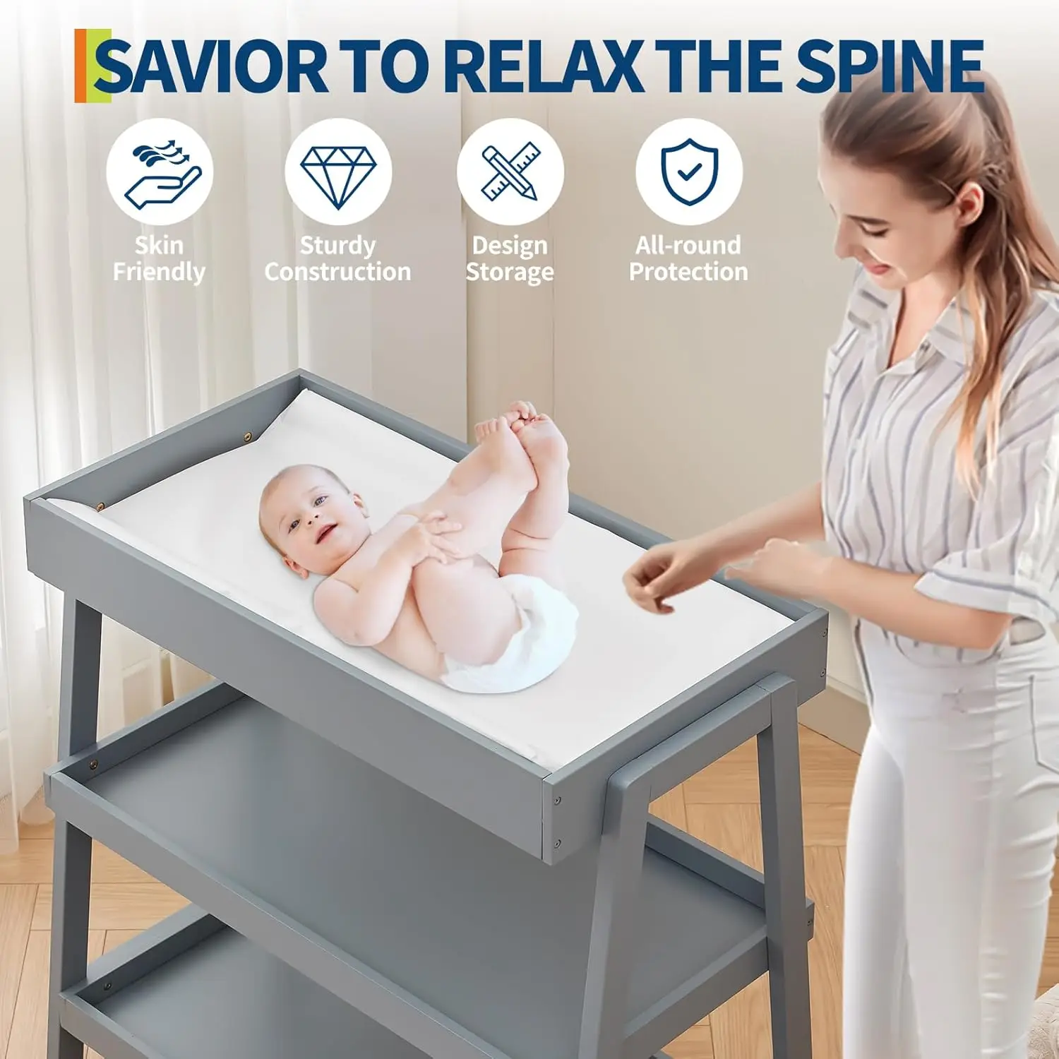 Baby Changing Table Portable Infant Diaper Changing Table with Waterproof Pad Wood Diaper Station with 2 Storage Shelves