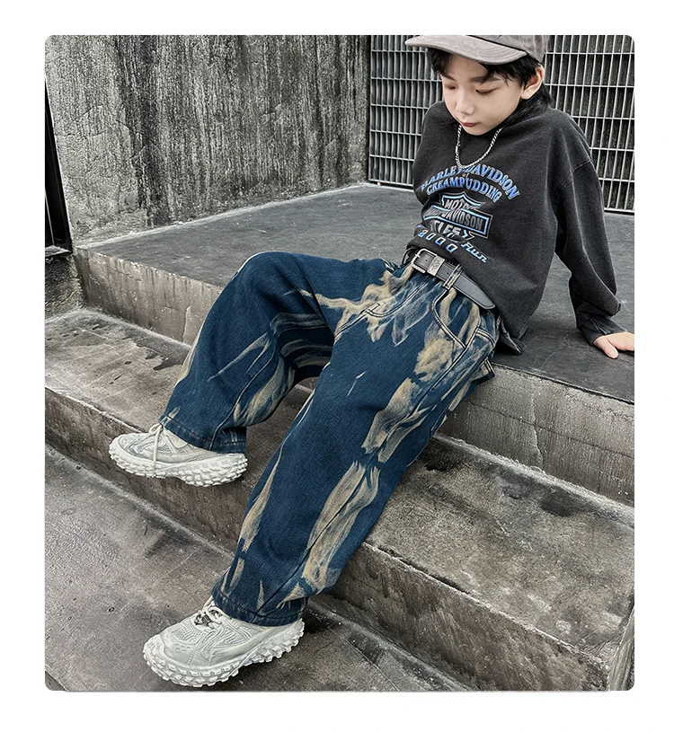 Kinder-Graffiti-Jeans für Jungen, Frühling und Herbst 2026, Neue Teenager-Jungenhosen, Lässige Weite Hosen mit Geradem Bein – Detail 4