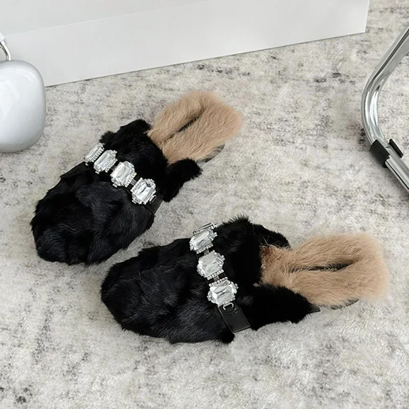 Fur Women Crystal Slippers Flats Slingback Luxury Cotton Shoes Winter Casual Woman 2024 Trend New Home Cozy Mujer Zapatillas