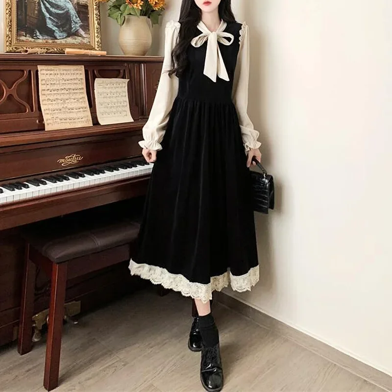 2024 Women's Autumn New Style French Vintage Bow Dress Artistic Preppy Style Sweet Age-Reducing Wide Skirt