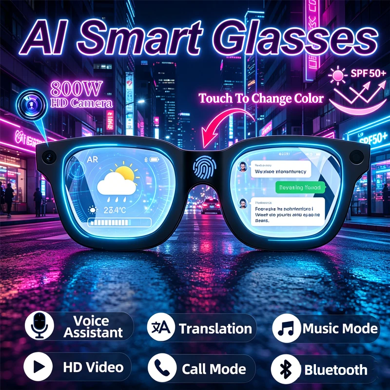 

Электрохромные умные очки с HD-камерой 800W, Bluetooth-вызовами, голосовым помощником и функцией перевода в реальном времени