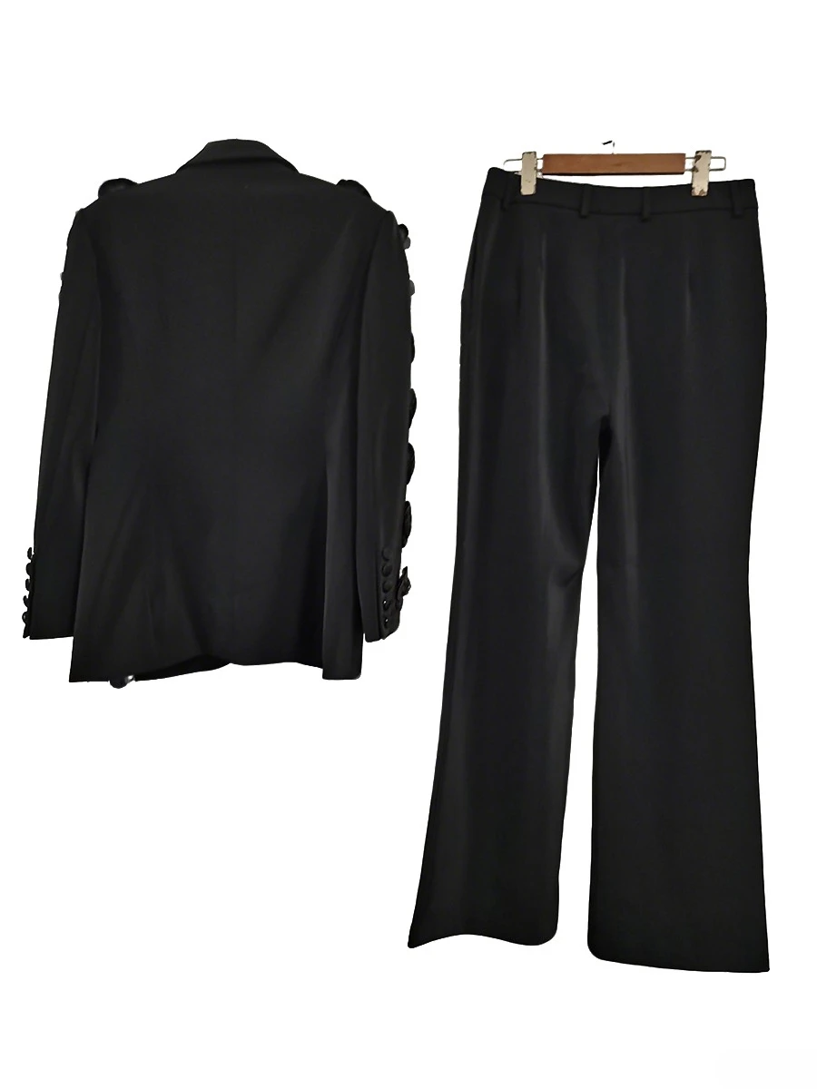 CHICEVER Formale Zwei Stück Sets für Frauen Kerb Neck Langarm Verstärktes Applikationen Blazer Gerade Hose Mode Anzug Weibliche Neue