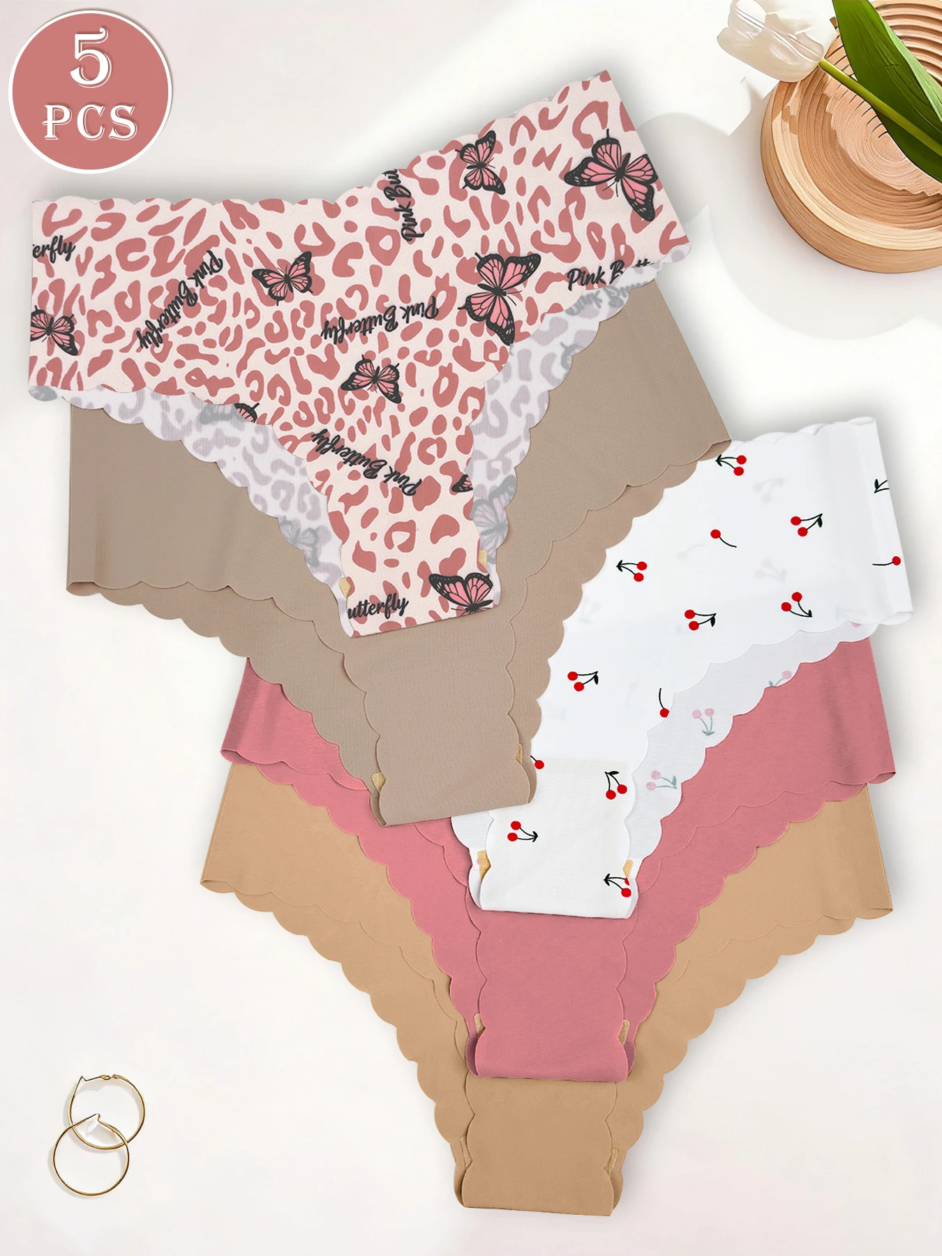 5PCS Mixed Print & Solid Scalloped Thongs, Butterfly Leopard Cherry Seamless Ultra Soft Breathable Everyday Women Underw