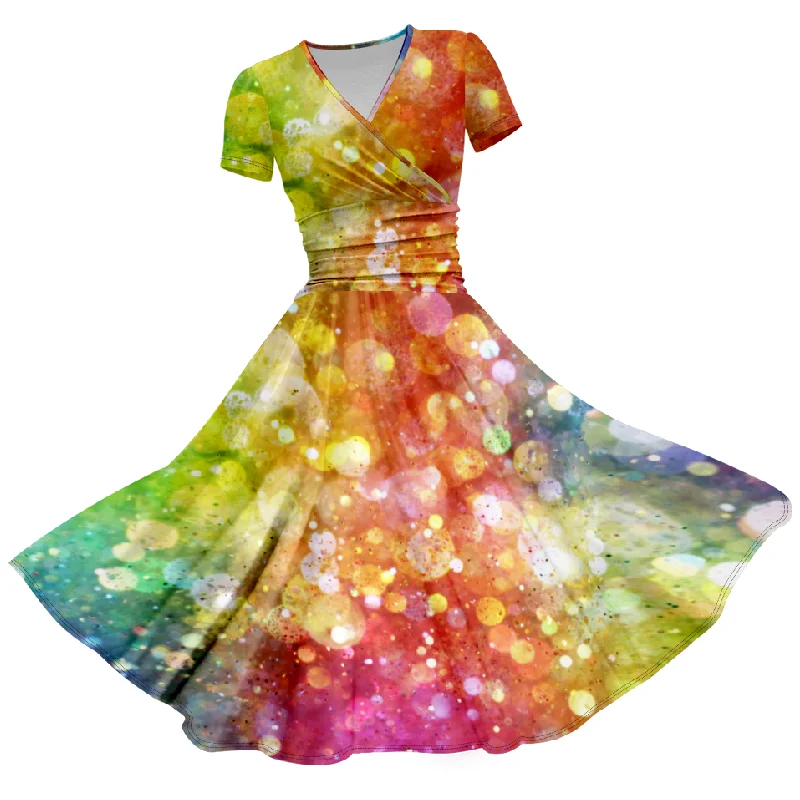 New Arrival Sweet Girls Rainbow Colorful Print Dress Spring Long Dress Women's Dance Party Club Dresses Short Sleeve Skirts