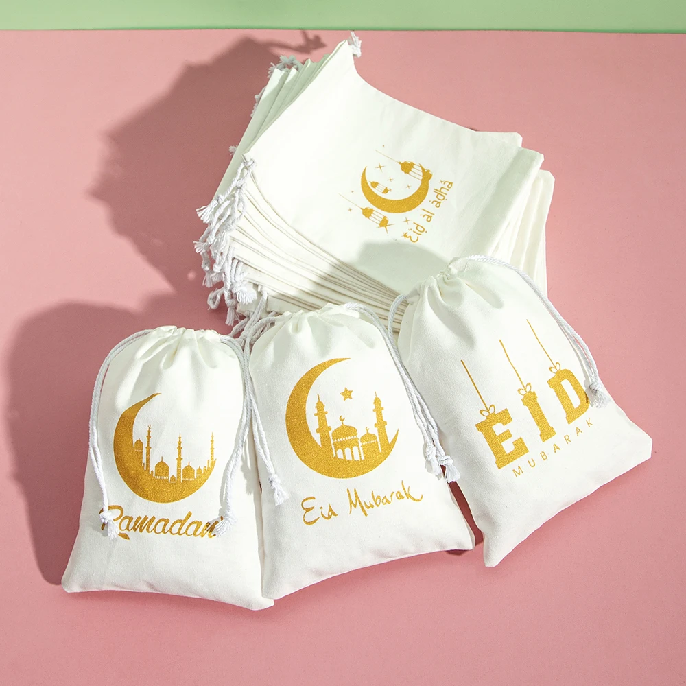 5-Pack Eid Mubarak Gift Bags with Drawstring Jewelry Cotton Eid Package Bags with Gold Logo Muslim Ramadan Eid Party Goodie Bags