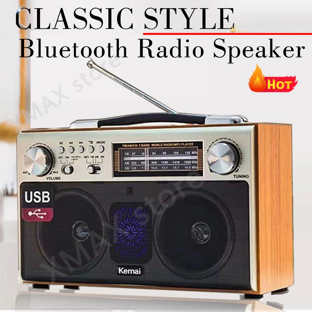 Wood Vintage HiFi Stereo Portable Wireless Radio Bluetooth Speaker Home Outdoor FM Subwoofer TF Card USB Music Player