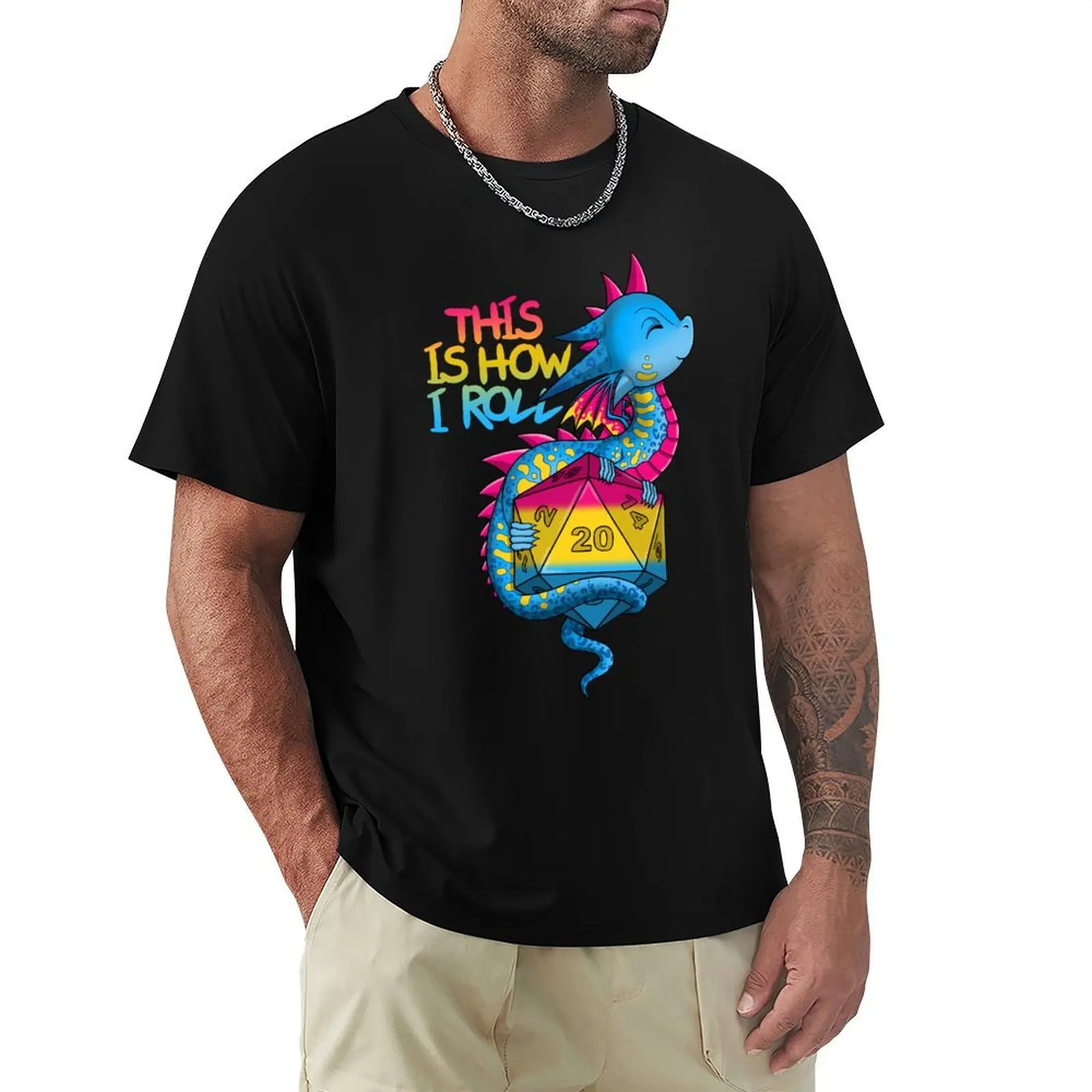 

Pan Pride Flag Dragon with D20 T-Shirt new edition summer clothes oversized shirts graphic mens plain t shirts