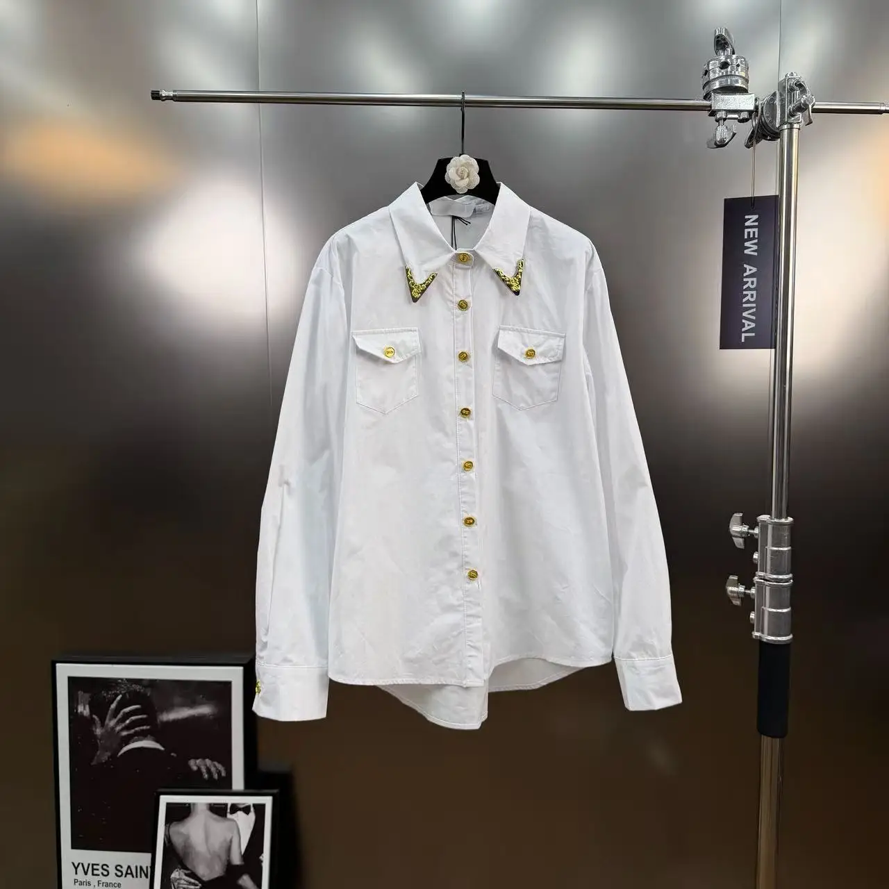 

2026 Spring New Metal Decorated Turn-down Collar Long Sleeve Single-breasted Heavy-duty Loose Straight Shirt for Women, Top