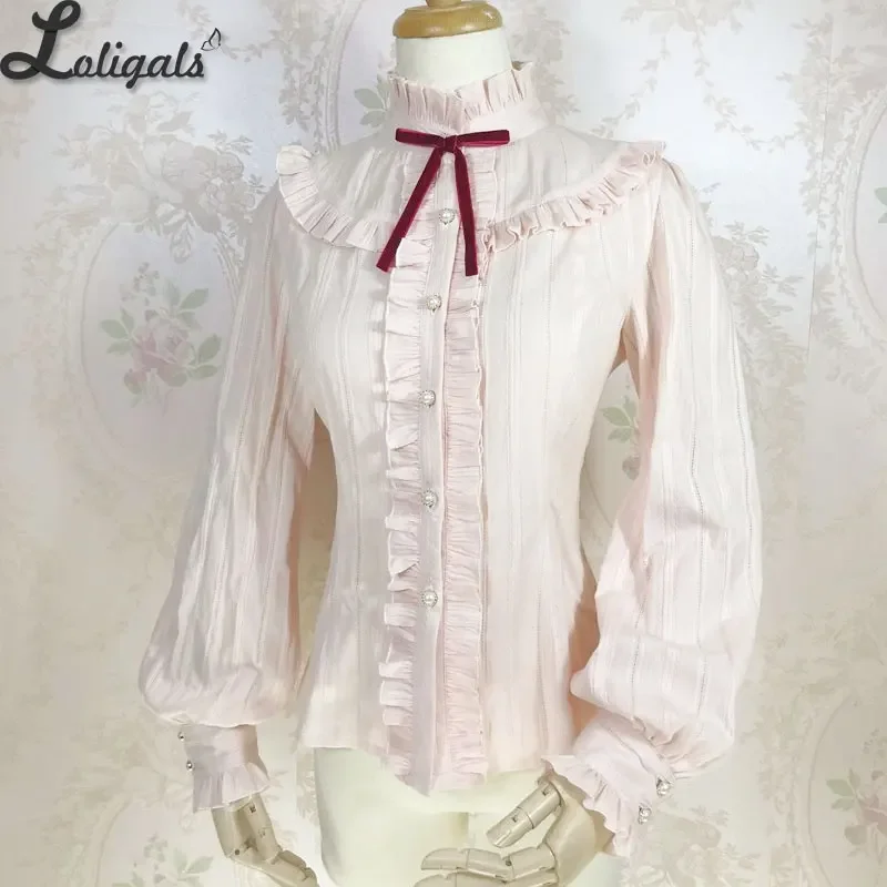 Sweet Women's Lolita Blouse Jacquard Cotton Long Sleeve White/Pink Blouse by Yiliya