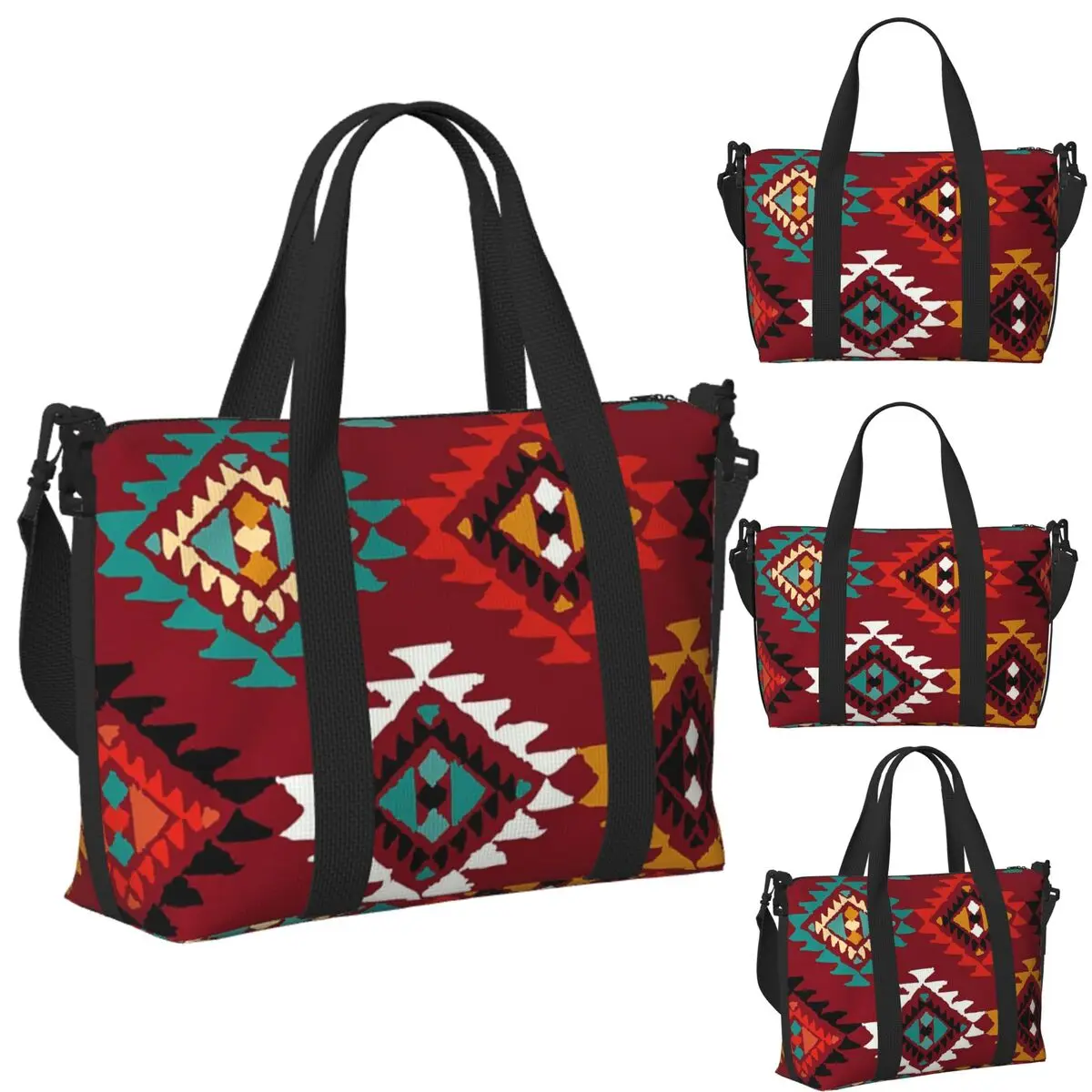 

Custom Navajo Native American Pattern Beach Travel Bag Large Capacity Tote Bags for Gym Sport Women Shopping Duffle Shoulder Bag