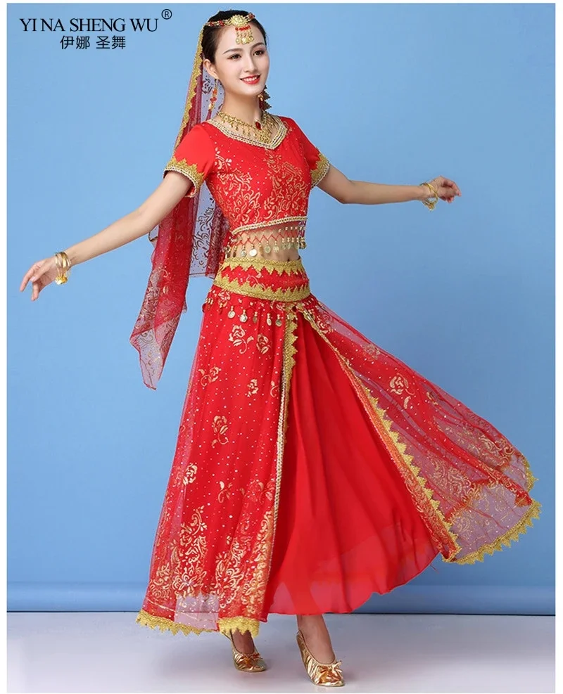 Sexy Bauchtanz-Kostümset für Damen im Bollywood-Stil, ägyptisch-indischer Stil, Chiffon-Oberteil mit Pailletten und Fransen, Rock für Bühnenauftritte – Detail 9
