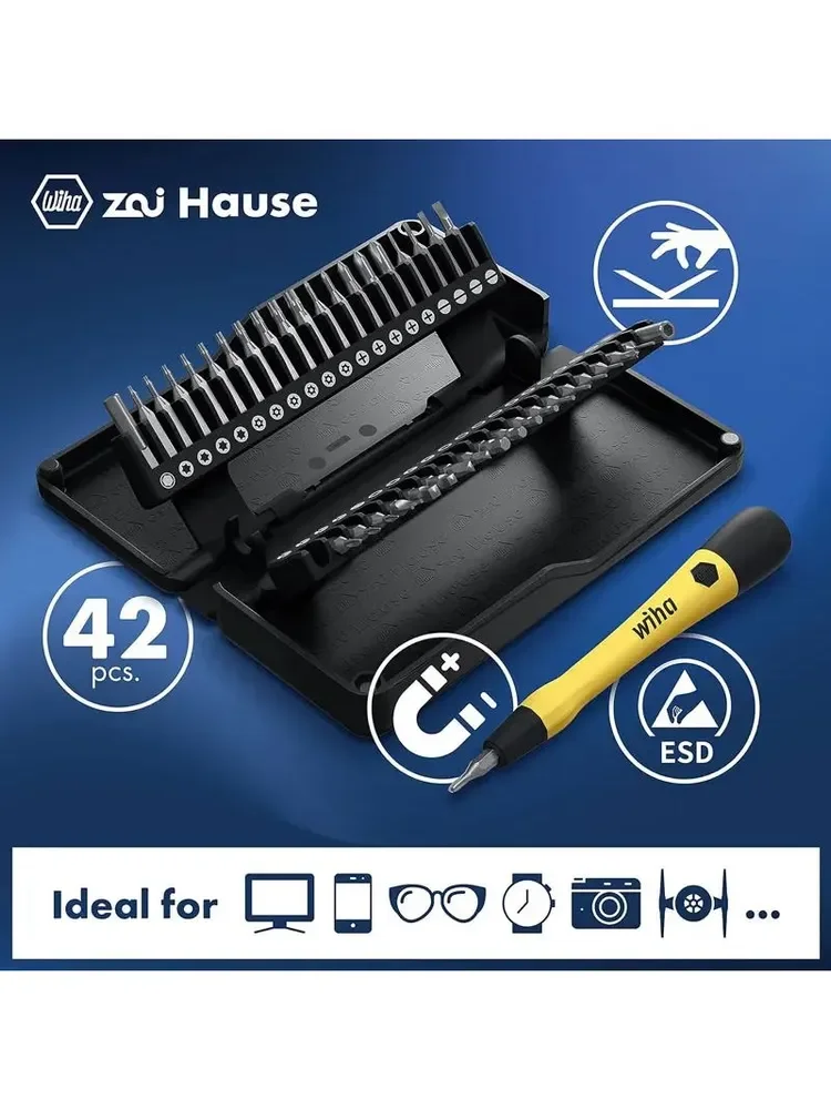 Wiha 44624 40-in-1 Magnetic Screwdriver Bit Set, Anti-Static Multi-Function Mini Drill with Torx Extension