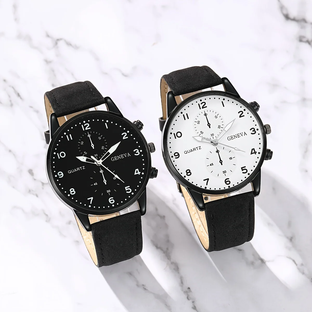 2 Pieces Couple Fashion Quartz Watches - Black and White PU Leather Strap, Perfect for Anniversaries, and Romantic Occasions