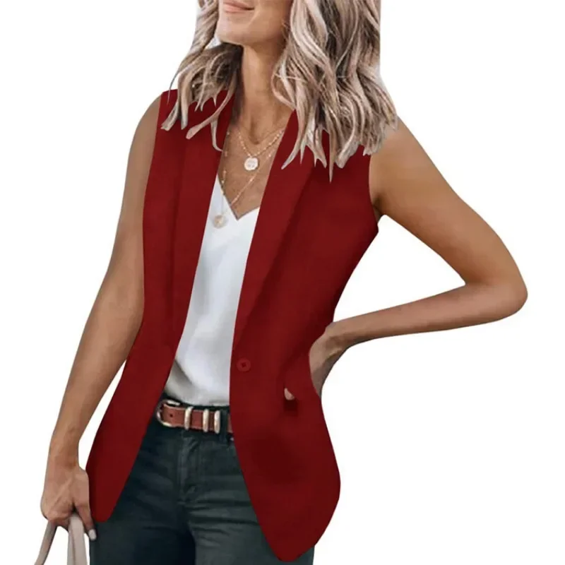 Elegant Fashion Office Lady Loose Sleeveless Lapel One Button Coat Jacket Outwear Summer Women Corset Vest Suit Blazer Top