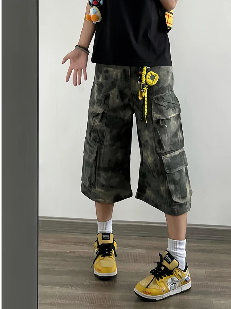 

American Retro Smear Camouflage Multi-ket Seven-Foot Men's Loose Wide Leg Pants Casual Straight ort orts Trendy