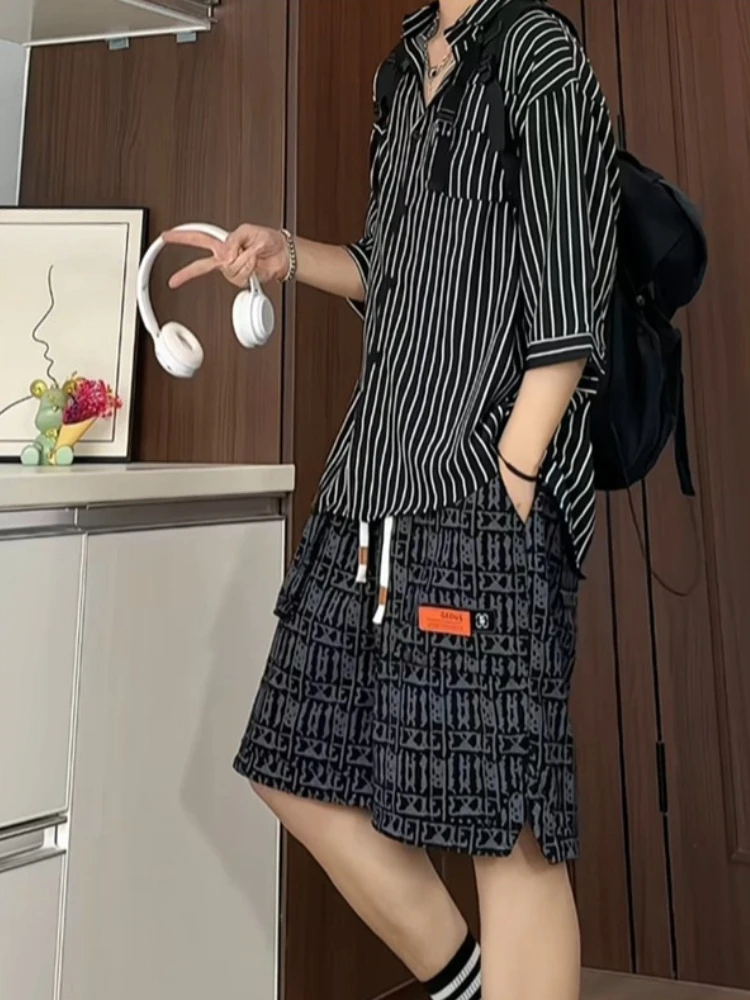 

Summer Men's Short Sleeve Ice Silk Shirt with Work Shorts Two-Piece Set Stripe Design Cool Breathable Lightweight