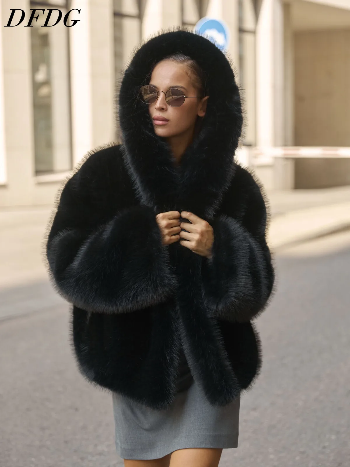 DFDG 2026 Women Big Hood Faux Fur Short Coat Oversized Voluminous Plush Jacket Windproof Warm Thick Outerwear Winter Outdoor Fur
