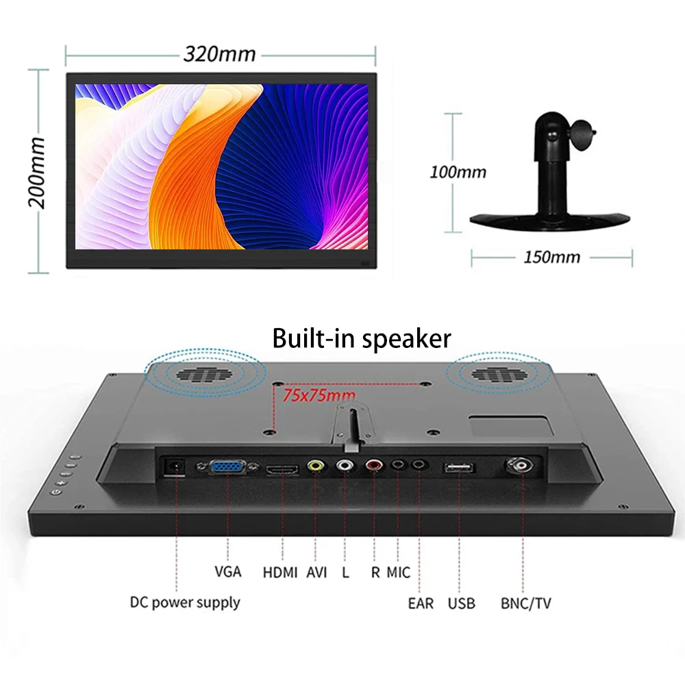 Imagem -03 - Monitor Lcd Portátil com Controle Remoto Painel Tft Usb Bnc Hdmi Portas Vga Switch Laptop 13 Polegada 1366x768