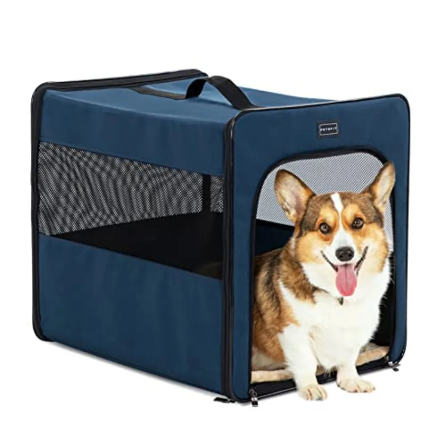 

24 Inch Soft Sided Dog Crate with Thickened Mat Navy Blue Portable Collapsible Kennel for Traveling Easy to Fold Sturdy and Lig
