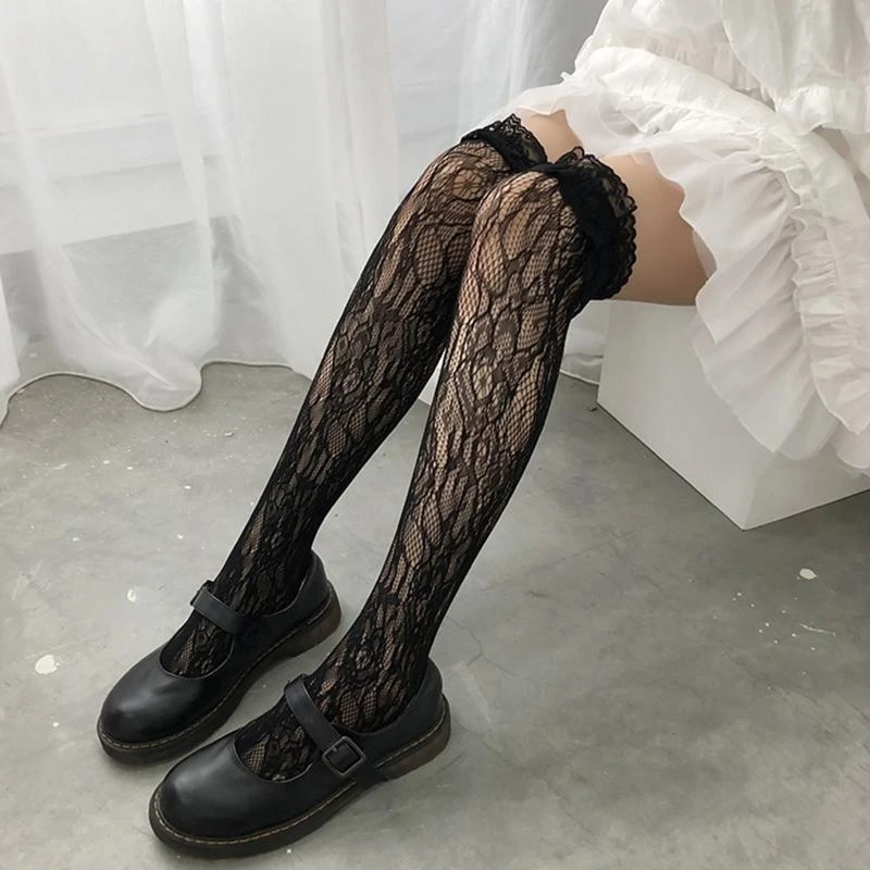 Lace Ruffle Frilly Long Tube Socks Women Stocking Gothic Studded Heart Garters Leg Ring Elastic Punk Harness Garter