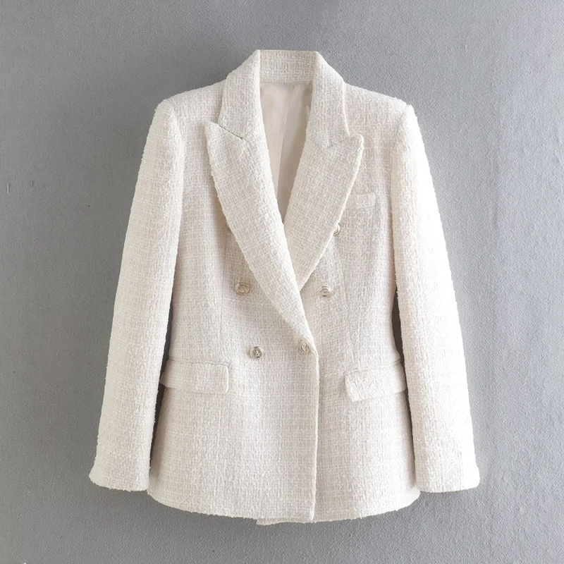 

2023 New Tops Coats Women Solid Tweed Double Breasted Blazer Coat Long Sleeve Pockets Outerwear Female Spring Jackets White