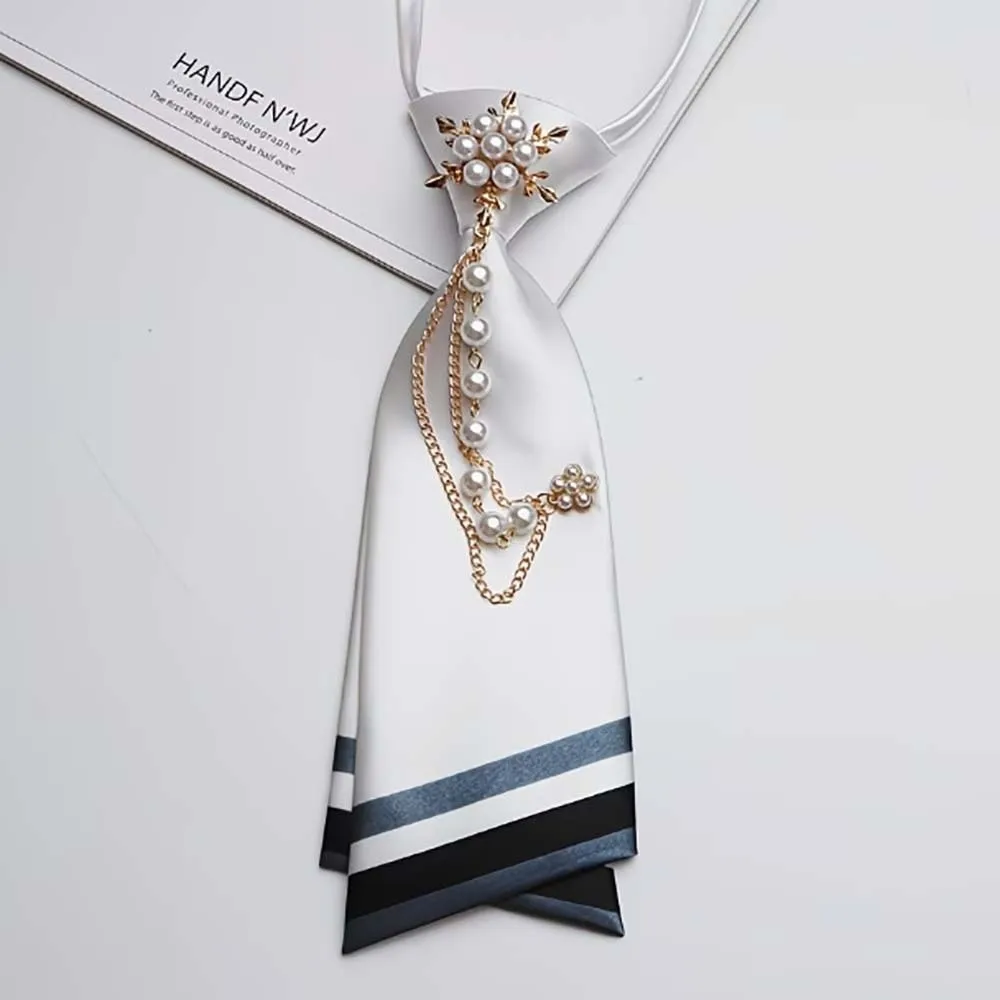 

No-Sew Design Beaded Floral Necktie Satin Material Double Layer JK Uniform Tie Pearl Chain Decoration Satin Neck Accessory