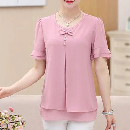 Imagen 2 del producto Ropa de mujer de gasa Irregular suelta simplicidad elegante blusa de manga corta camisas de moda sólidas calle Casual Vintage verano