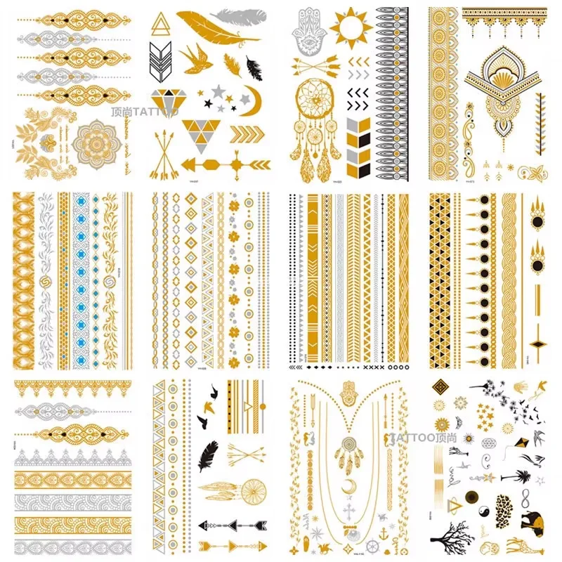 

Women Sexy Tattoos Glitter Metal Temporary Tattoo Stickers Body Arm Art Gold Metallic Flash Tattoo Girl Chains Fake Tatto Jewel