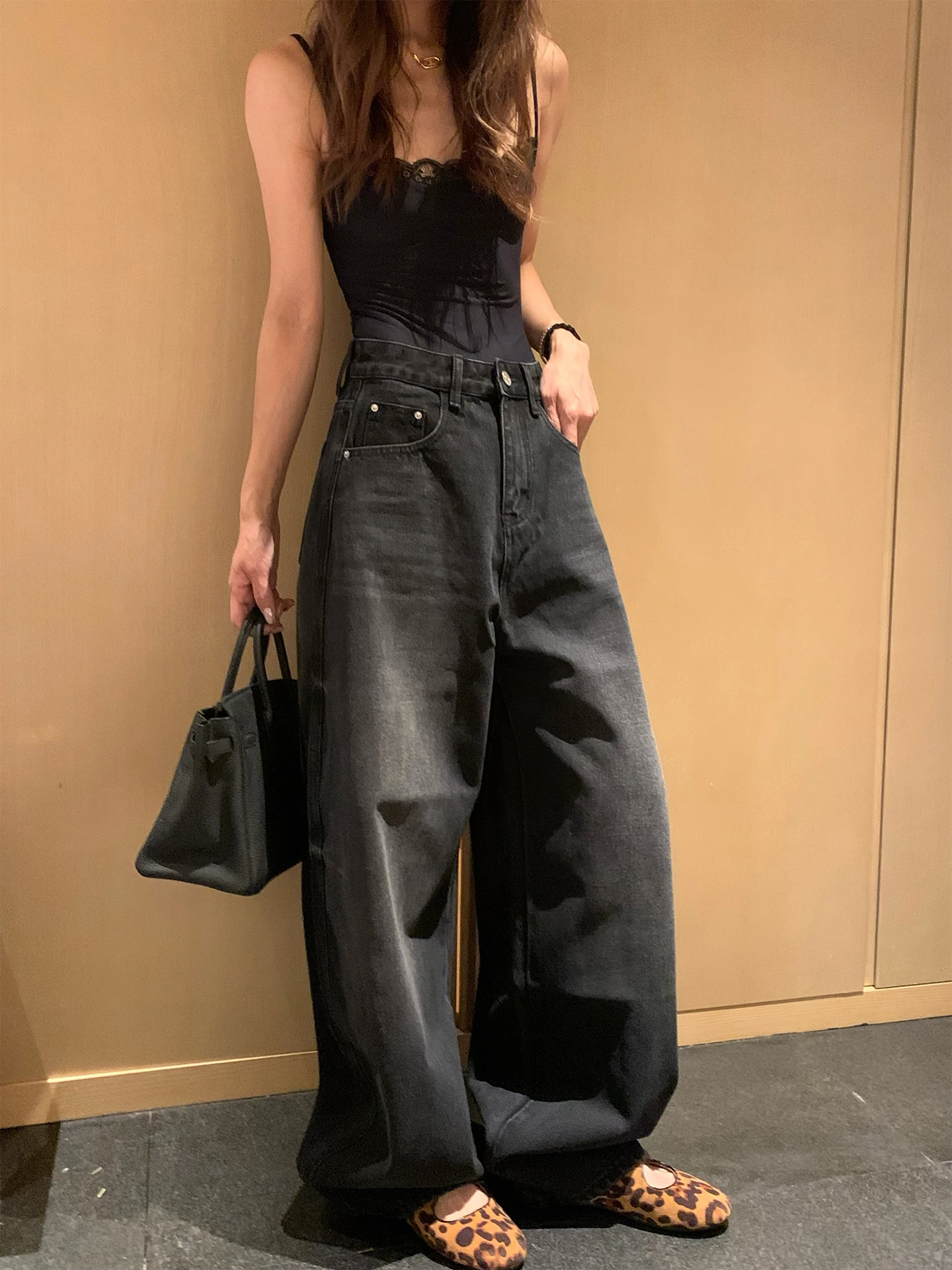 

High Waist Wide Leg Pants Vintage Waed Heavy Du Jeans Loose Women's Jeans Cotton Winter Season Button Closure