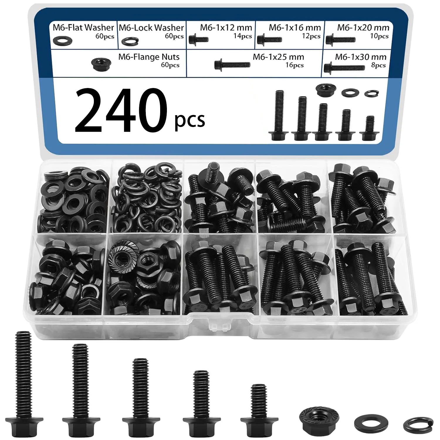 240/252/272/280pcs M6M8M10 Flange Hex Head Bolts Nuts Washers Kit Class 10.9 Alloy Steel Black Zinc Plated Flanged Hex Screws
