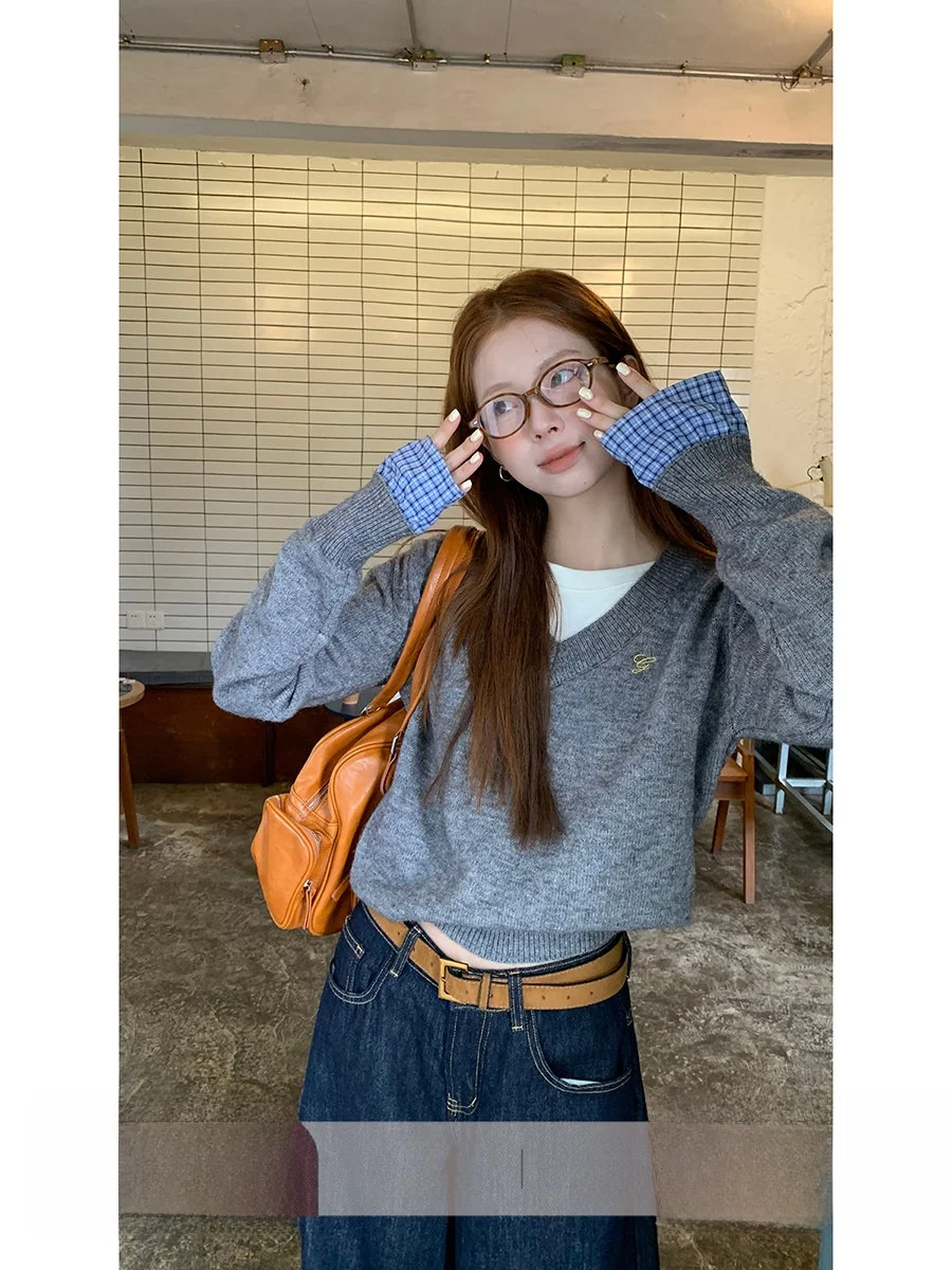 

Laid-back Style Women's Knitwear Spring Fashion Long Sleeve Loose Outerwear Gray Knitted Top Inner Wear Casual Street Style