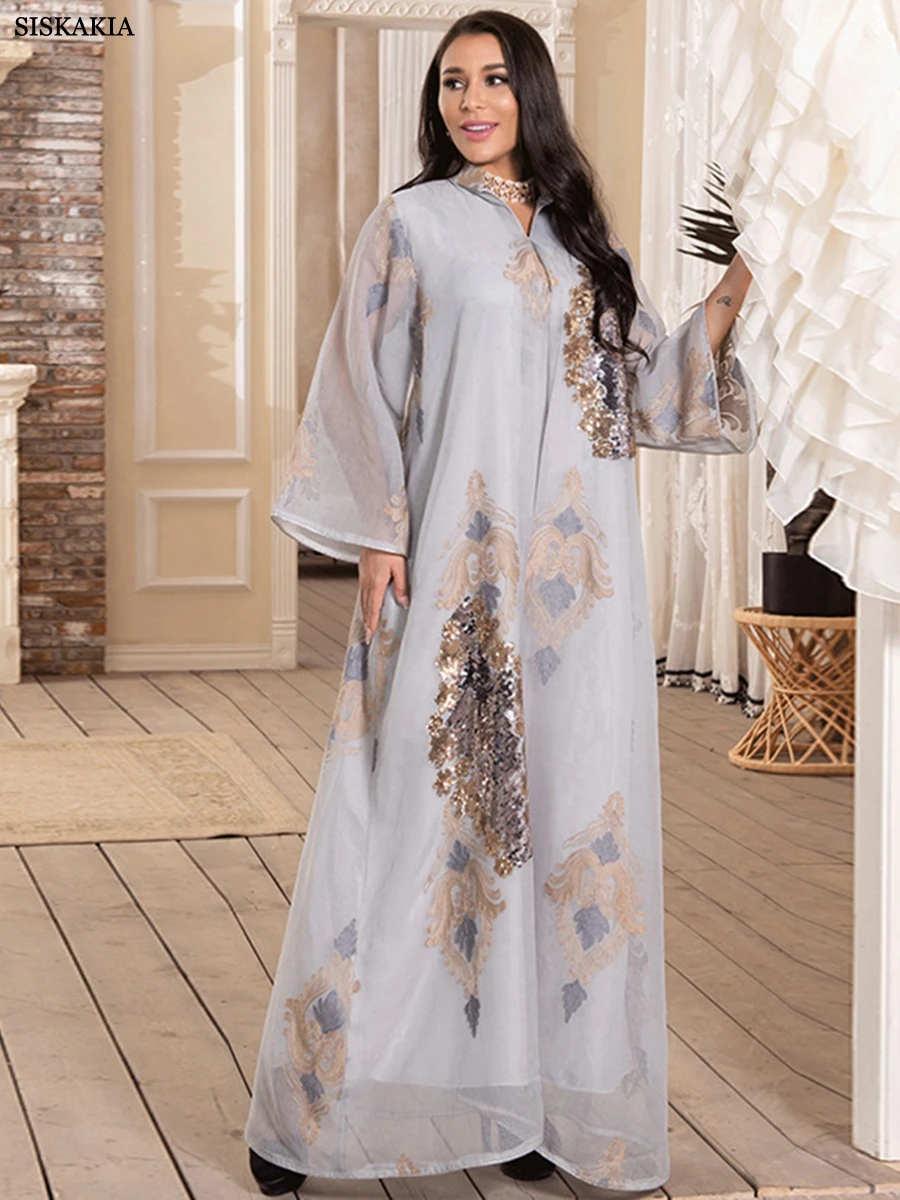 Siskakia Dubai Fashion Mesh Sequins Embroidery Evening Party Gown Jalabiyat Saudi Arab Casual Robe African Women Caftan Clothing