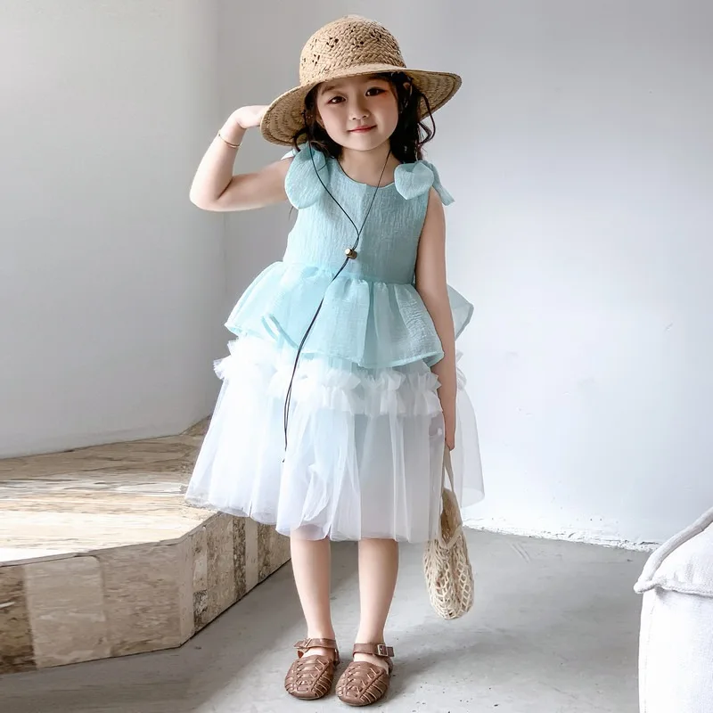 

Dress Children Girl 2025 Summer New Style Patchwork Sleeveless Bow Peplum Hem Crepe Layered Fashion Sweet Princess