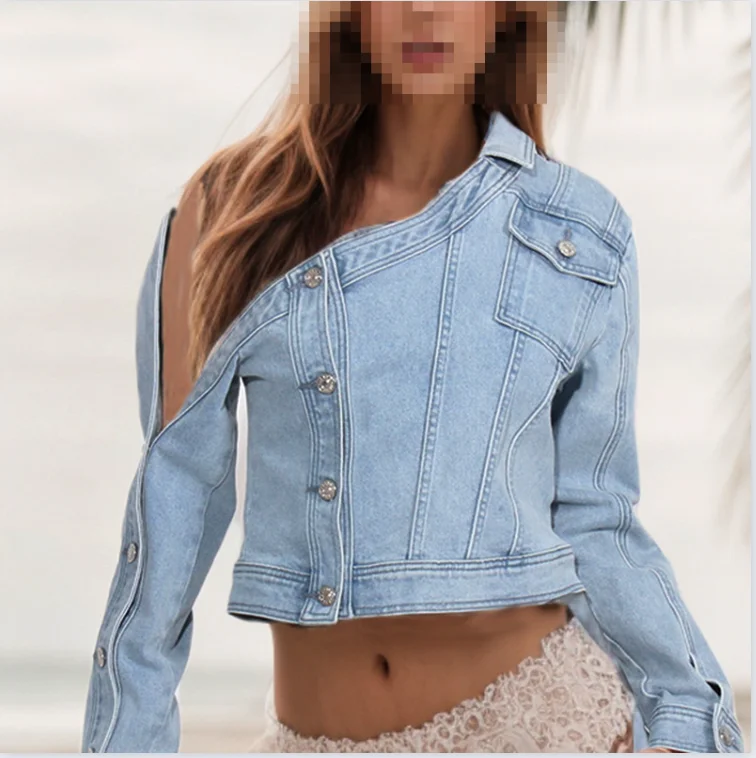 Large Size Blue  Jacket Casual Short Streetwear Stand-Up Collar One Shoulder Long Sleeve Button Denim Jacket Fall Winter