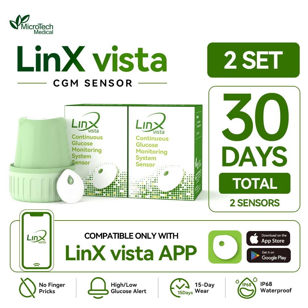 MicroTech LinX Vista CGM 2 Conjuntos de Monitor de Glicose Contínuo Sem Picadas no Dedo Kit Medidor de Glicose