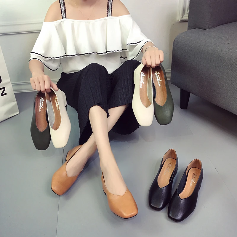 Casual women's shoes  new V-neck simple thick heel shoes soft leather shallow mouth square toe, one foot on lazy women's shoes