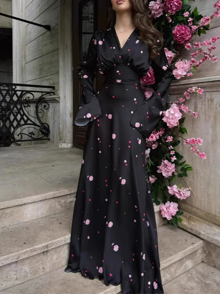 Elegante flor impressão cetim vestido de noite feminino casual mangas alargadas magro vestido longo moda com decote em v altura cintura bohe vestido de festa