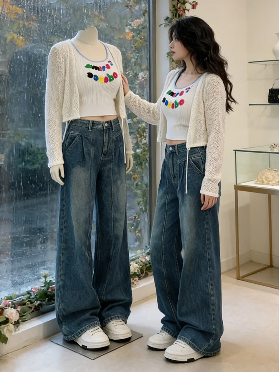 

High Waist Wide Leg Blue Jeans Loose Floor-Length Straight Cut Trousers for plus Size Women Retro Sle Comfortable Fit