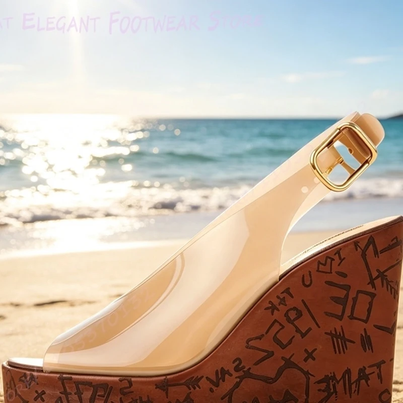 Colorful Sunset Print Graffiti Wedge Sandals Pvc Crystal Pink Heels Burgundy Patent Leather Platform Slippers Black Buckle Shoes