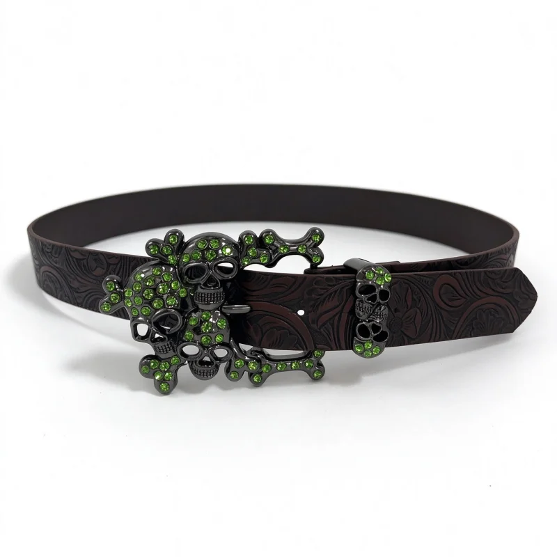 1 unisex waist belt with embossed skull, Western cowboy punk style paired with jeans, suitable for daily parties and outings